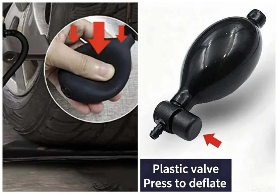 Hand squeezing air bulb and plastic valve marked press to deflate